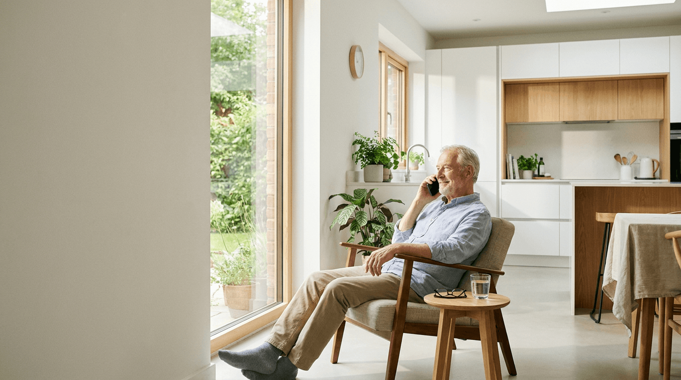 A man in his seventies on the phone by a tall window, looking out at the garden