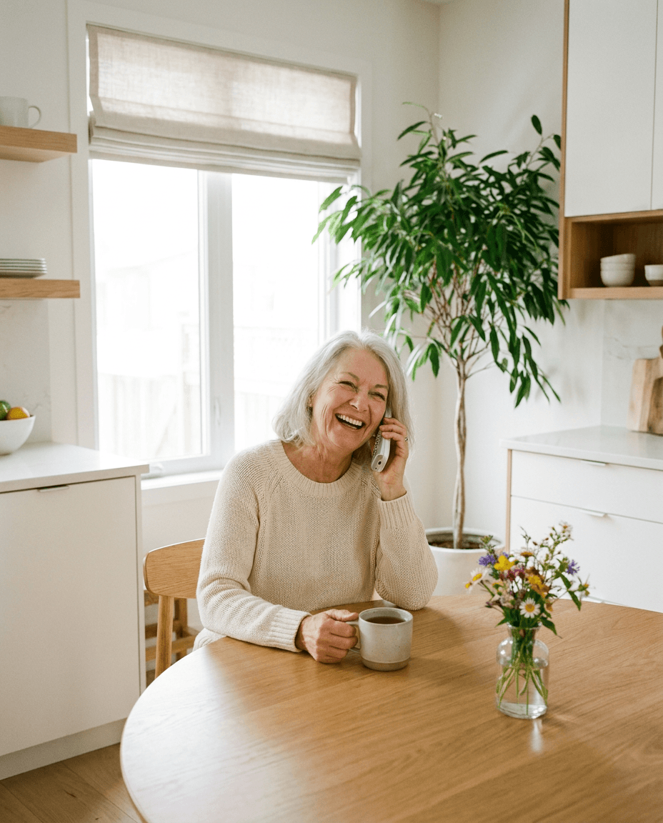 Margaret on her Tuesday call, laughing at the kitchen table